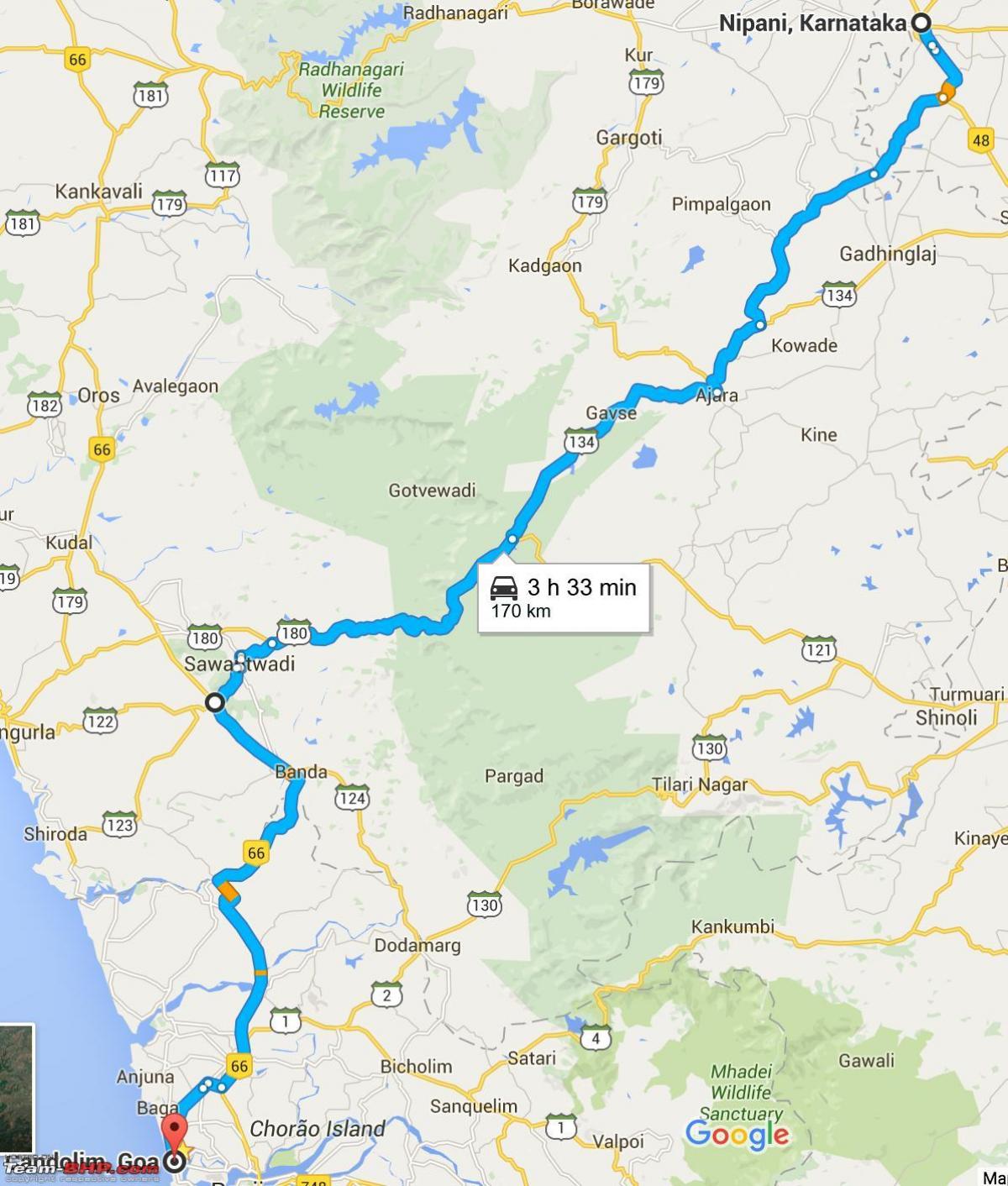孟买到果阿的公路的地图